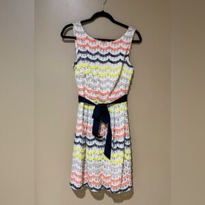 Trina Turk White Dress with Neon Yellow, Coral & Navy Accents